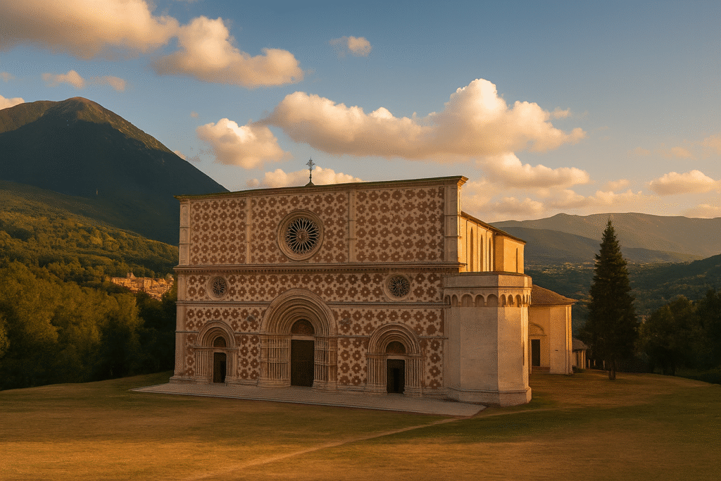 Visiter LAquila basilique Santa Maria di Collemaggio : infos pratiques dans les Abruzzes, avec sa façade en marbre rose et blanc et les montagnes en arrière-plan.