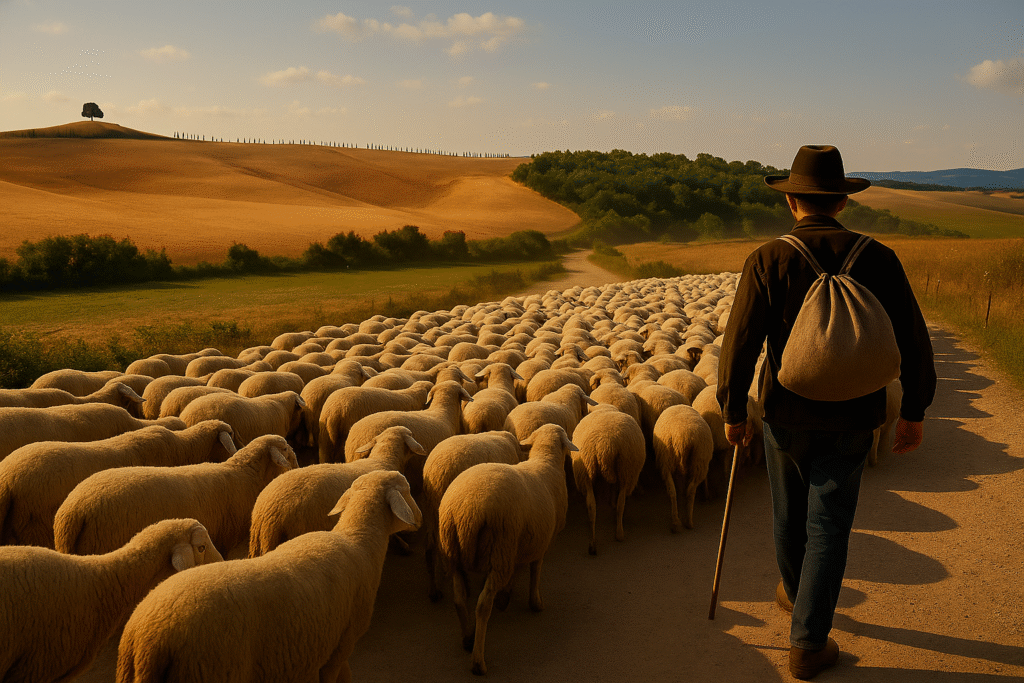 Berger italien guidant un grand troupeau de moutons à travers les collines dorées des Abruzzes au coucher du soleil, symbole de la transhumance et des traditions pastorales.