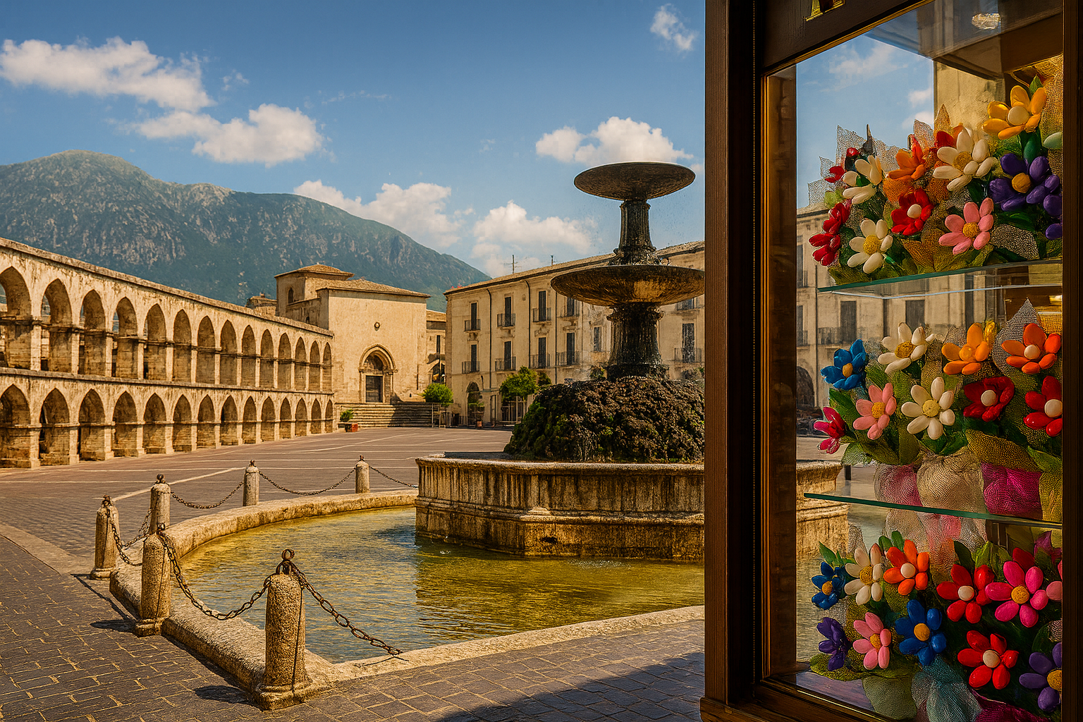 Vue panoramique de la Piazza Garibaldi à Sulmona Abruzzes, avec sa fontaine historique, l’aqueduc médiéval et une vitrine de confetti colorés au pied des montagnes de la Majella.