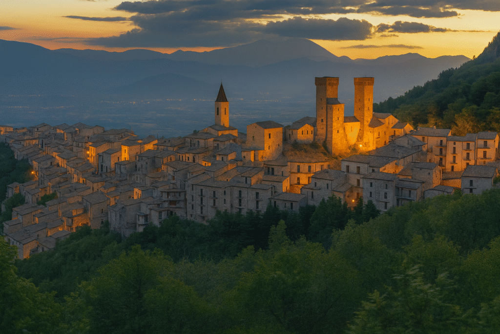 Les provinces des Abruzzes. Vue panoramique d’un village médiéval des Abruzzes en Italie au coucher du soleil, avec ses maisons en pierre illuminées et les montagnes des Apennins en arrière-plan.