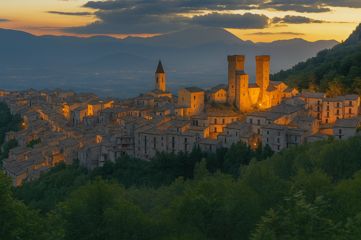 Les provinces des Abruzzes. Vue panoramique d’un village médiéval des Abruzzes en Italie au coucher du soleil, avec ses maisons en pierre illuminées et les montagnes des Apennins en arrière-plan.