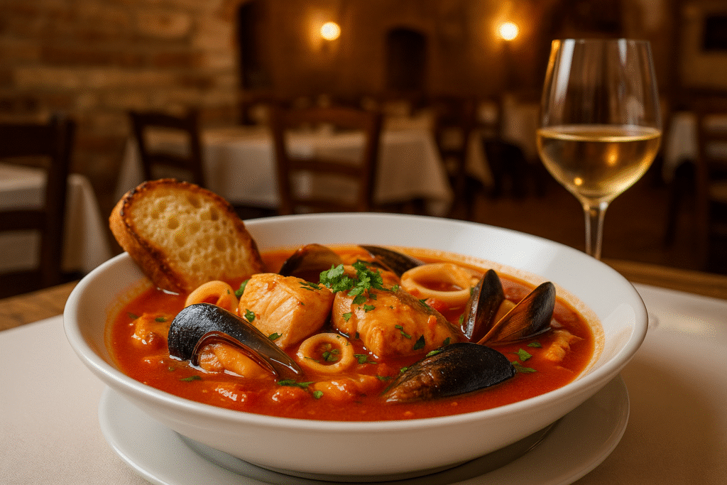 Assiette de Brodetto di pesce abruzzese, soupe de poisson typique des Abruzzes préparée avec poissons frais, moules, calamars, tomates et pain grillé sur une table rustique italienne.