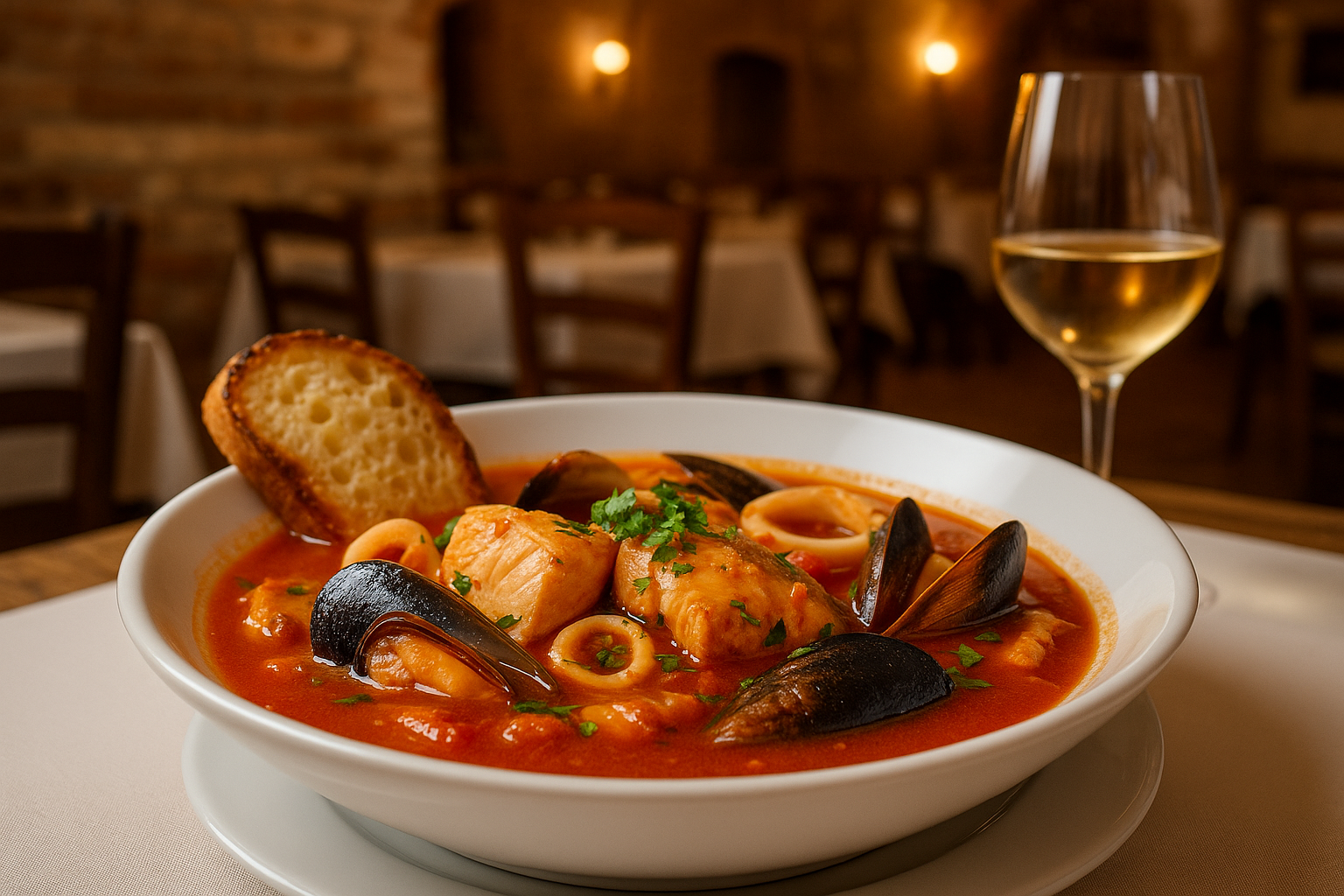 Teller mit Brodetto di pesce abruzzese, einer typischen Fischsuppe aus den Abruzzen, zubereitet mit frischem Fisch, Miesmuscheln, Tintenfisch, Tomaten und geröstetem Brot auf einem rustikalen italienischen Tisch.
