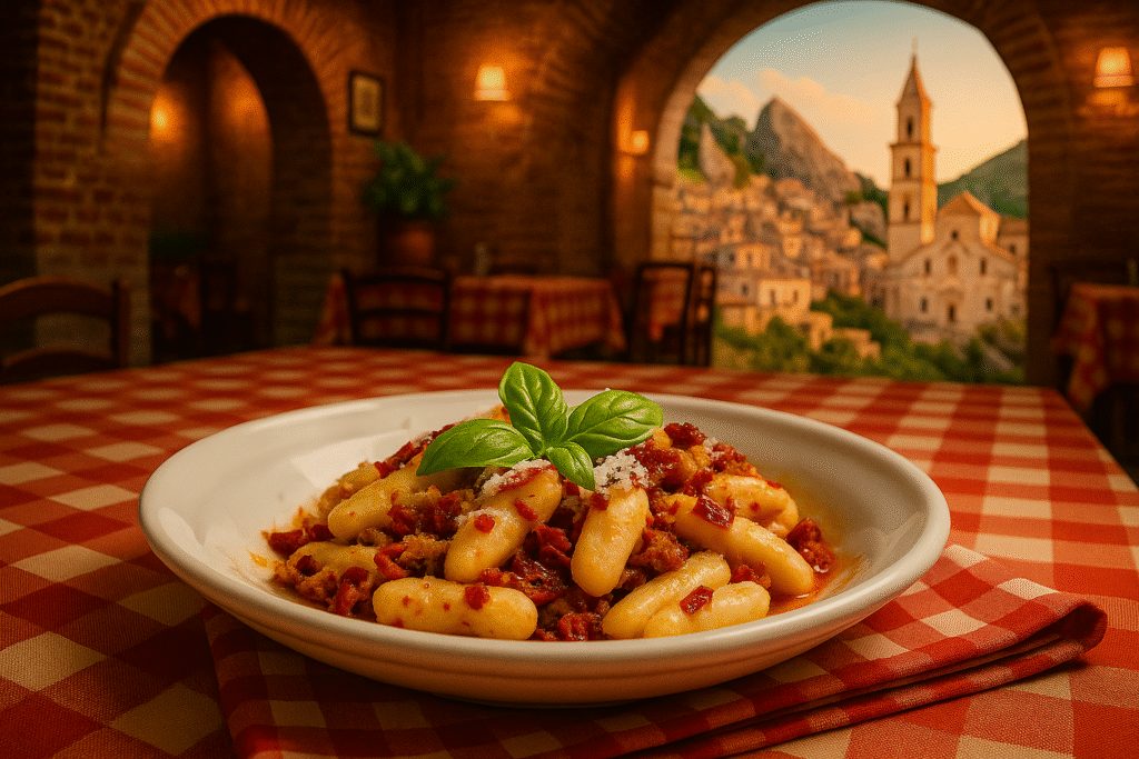 Assiette de Cavatelli lucani au peperone crusco, plat traditionnel de la Basilicate, servie sur une table rustique italienne dans une trattoria lumineuse.