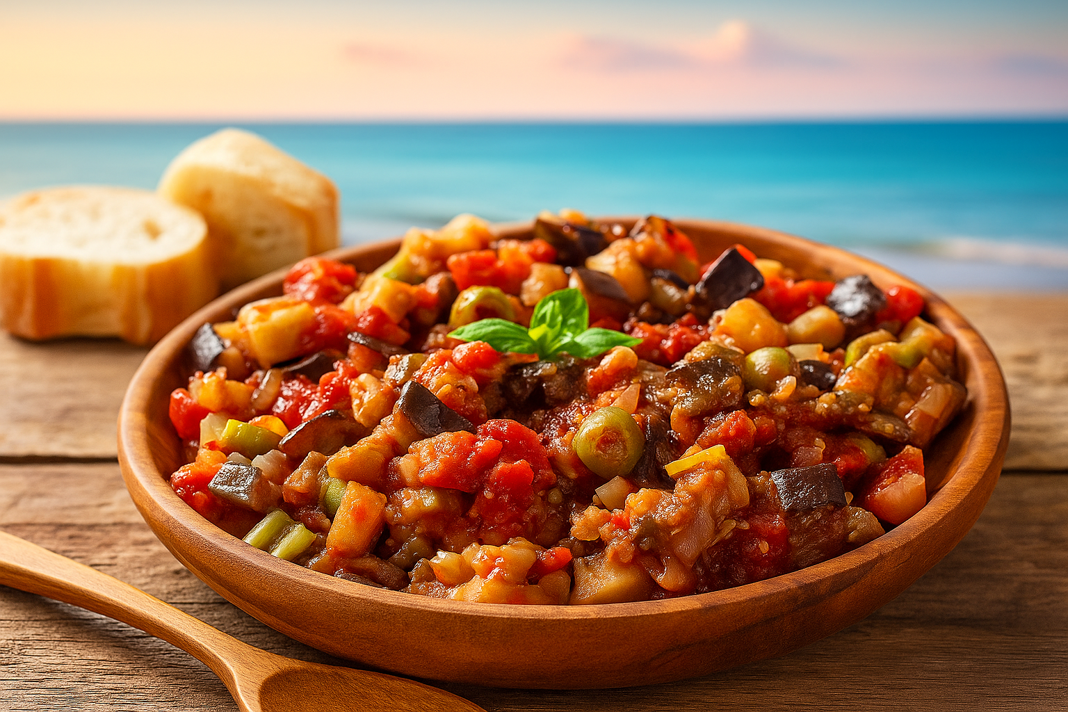 Recette de Caponata siciliana, ratatouille sicilienne aux aubergines, olives, câpres et sauce aigre-douce, plat emblématique de Sicile.