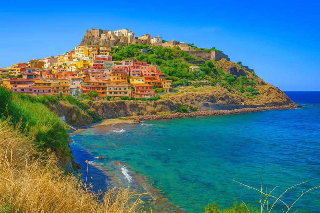 Provinces de Sardaigne. Vue aérienne des provinces de Sardaigne entre mer turquoise, montagnes et villages authentiques