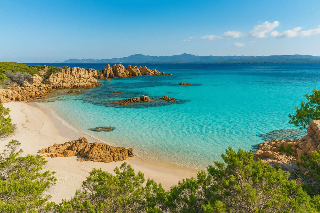 Costa Smeralda Sardaigne. Plage de la Costa Smeralda en Sardaigne avec mer turquoise, sable blanc et rochers granitiques