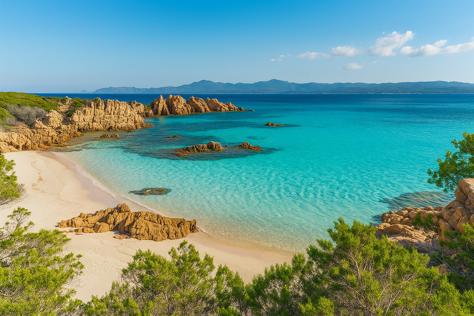 Costa Smeralda Sardinien. Strand an der Costa Smeralda in Sardinien mit türkisfarbenem Meer, weißem Sand und Granitfelsen.