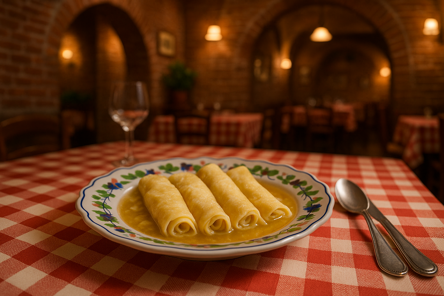 Assiette de Scrippelle ’mbusse abruzzesi, crêpes fines roulées servies dans un bouillon clair et chaud, typiques de Teramo, présentées sur une table rustique à nappe rouge et blanche dans une taverne des Abruzzes.