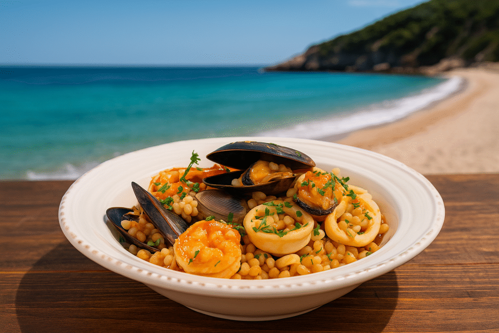 Fregola Sarda. Assiette de fregola sarda traditionnelle aux fruits de mer, photographiée sur fond de plage méditerranéenne en Sardaigne, plat typique de la cuisine sarde.