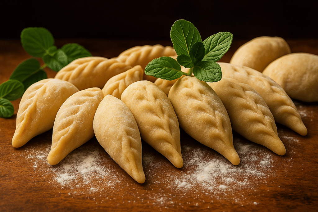 Cuisine sarde avec pecorino, culurgiones, miel et vin Cannonau sur table rustique