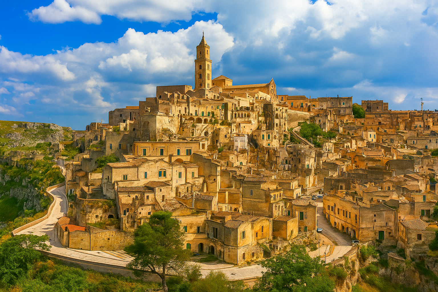 Panoramic view of the Sassi city of Matera in Basilicata, with its cave dwellings illuminated by the golden light of the sunset.