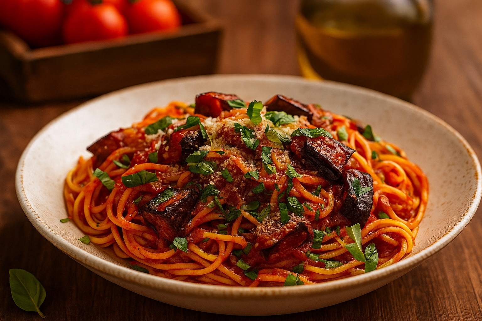 Recette de la Pasta alla Norma, plat sicilien composé de pâtes, aubergines frites, sauce tomate et ricotta salata, spécialité de Catane.