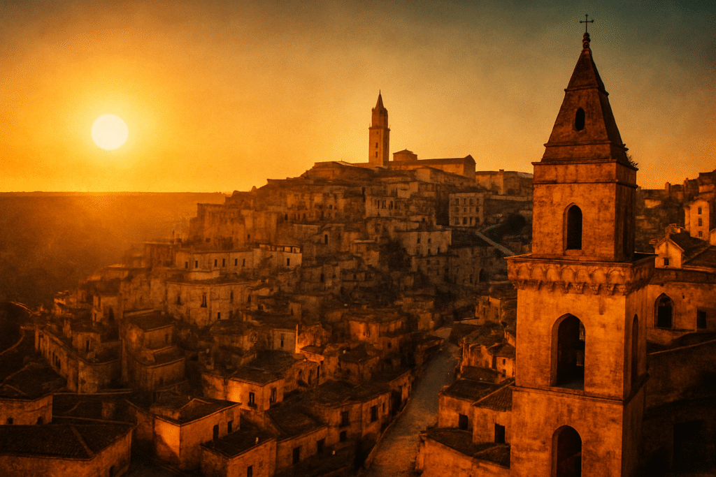 Panorama de Matera en Basilicate au coucher du soleil, avec les maisons troglodytiques et le clocher dominant la ville sous une lumière dorée cinématique.