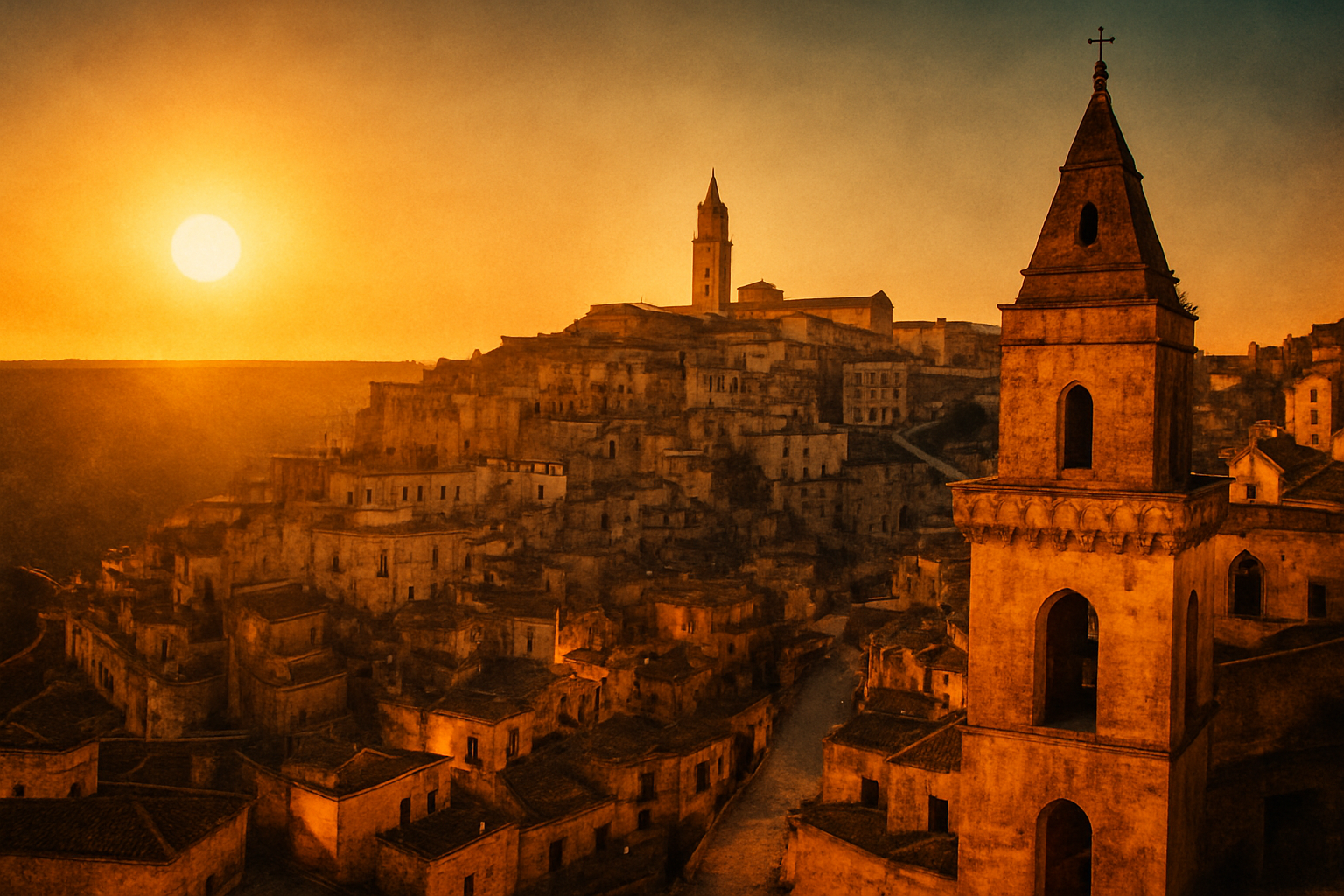 Panorama de Matera en Basilicate au coucher du soleil, avec les maisons troglodytiques et le clocher dominant la ville sous une lumière dorée cinématique.