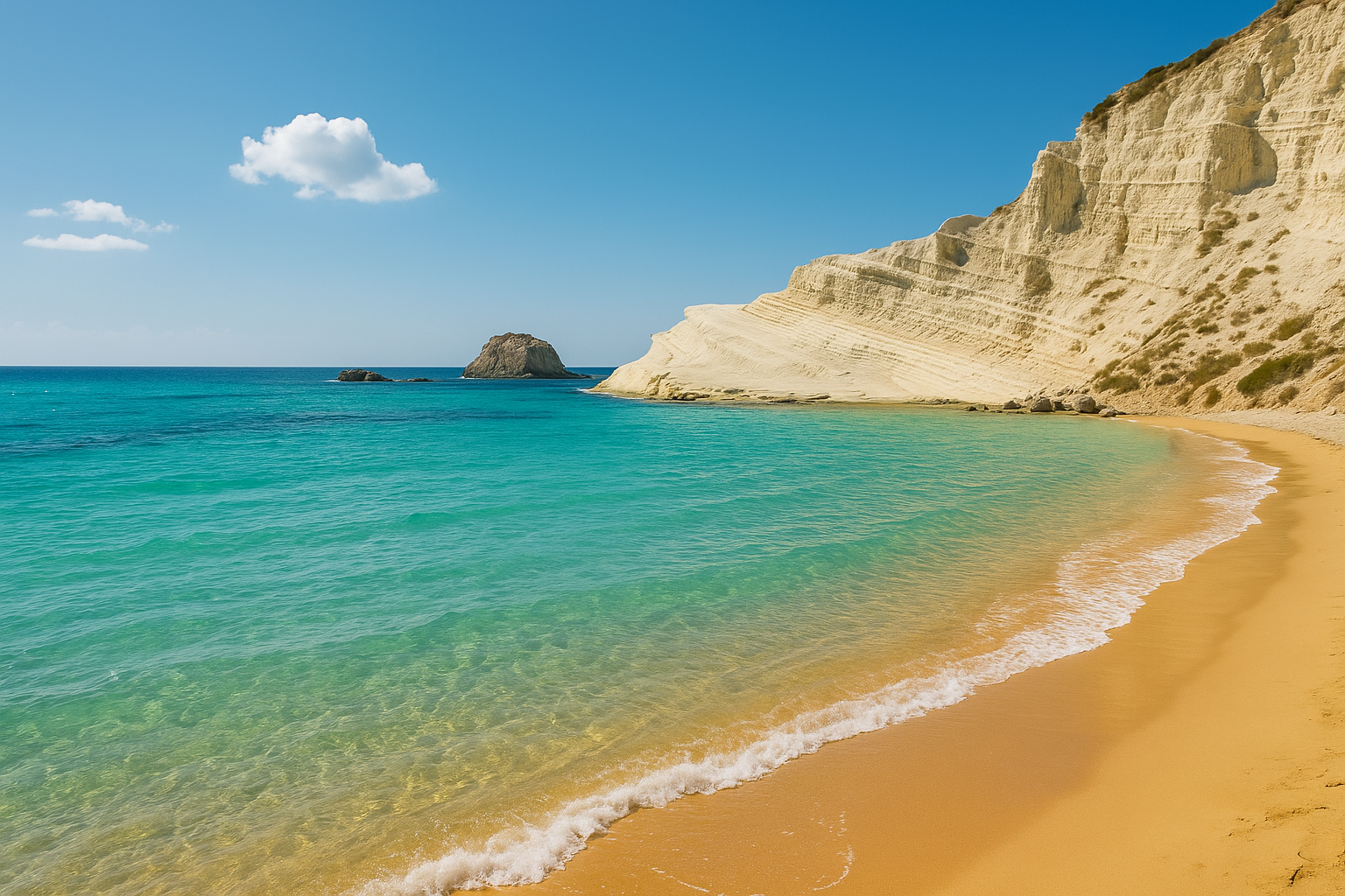 Vue panoramique d’une plage sicilienne aux eaux turquoise et falaises blanches, typiques de Lampedusa et Agrigente, sous le soleil méditerranéen.