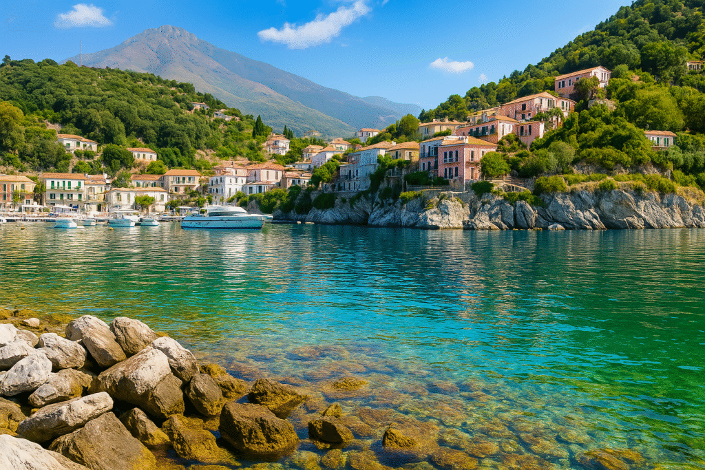 Vue du port de Maratea en Basilicate, Italie, avec ses eaux turquoise cristallines, ses collines verdoyantes et ses maisons colorées typiques du littoral tyrrhénien.