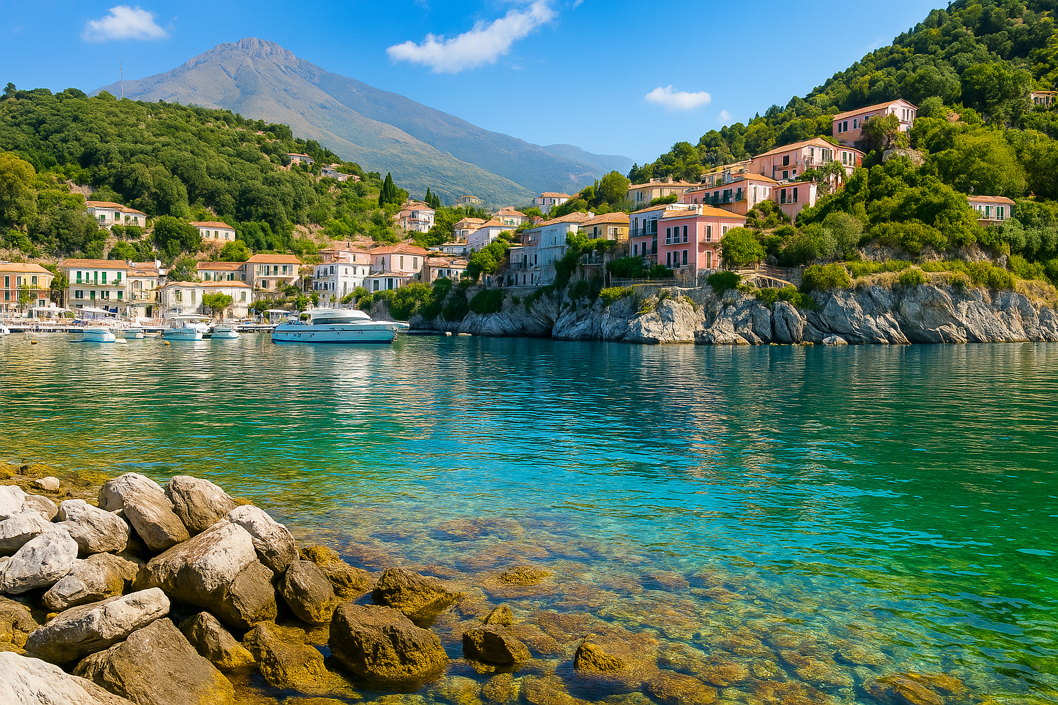 Vue du port de Maratea en Basilicate, Italie, avec ses eaux turquoise cristallines, ses collines verdoyantes et ses maisons colorées typiques du littoral tyrrhénien.