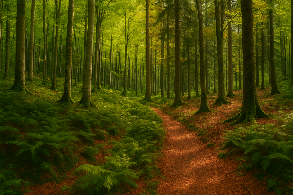 Forêt de hêtres du Pollino en Basilicate, Italie, classée à l’UNESCO, mêlant verdure luxuriante et feuilles dorées d’automne dans une atmosphère paisible.