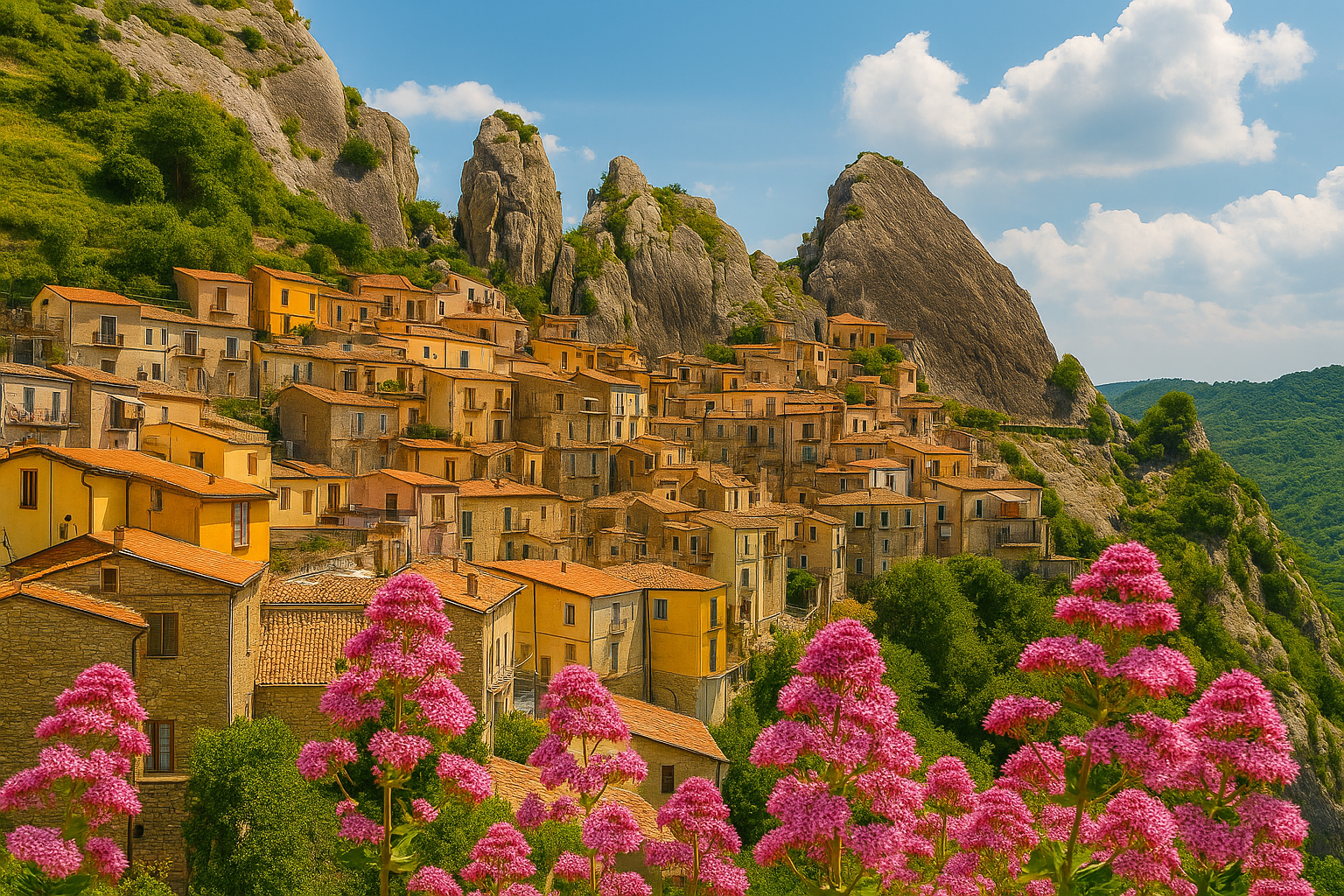 Vue panoramique de Castelmezzano dans la province de Potenza, Basilicate, montrant un village perché coloré entouré des montagnes des Dolomiti Lucane et de fleurs roses au premier plan.