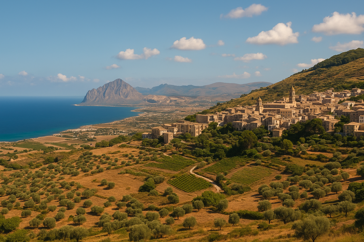 Panoramablick auf die Provinzen Siziliens mit Küstenlandschaften, Bergen, barocken Dörfern und Olivenfeldern, die die kulturelle und natürliche Vielfalt der Insel darstellen.
