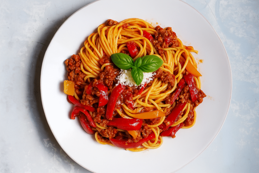 Assiette de Spaghetti alla Chitarra des Abruzzes, pâtes artisanales carrées servies avec ragù d’agneau, poivrons et basilic frais.
