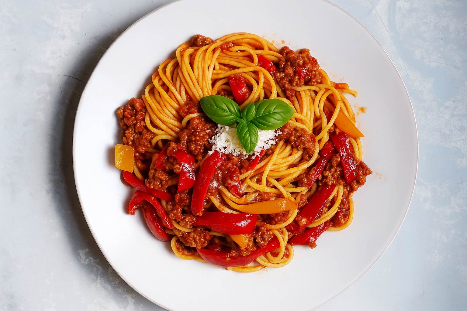 Plate of Spaghetti alla Chitarra from Abruzzo, artisanal square pasta served with lamb ragù, peppers, and fresh basil.