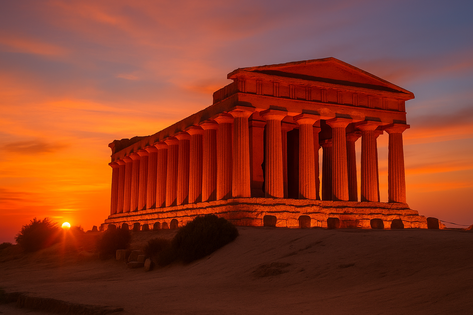 Temple de la Concorde dans la Vallée des Temples d’Agrigente, patrimoine UNESCO de Sicile, illuminé par le soleil couchant et un ciel doré.