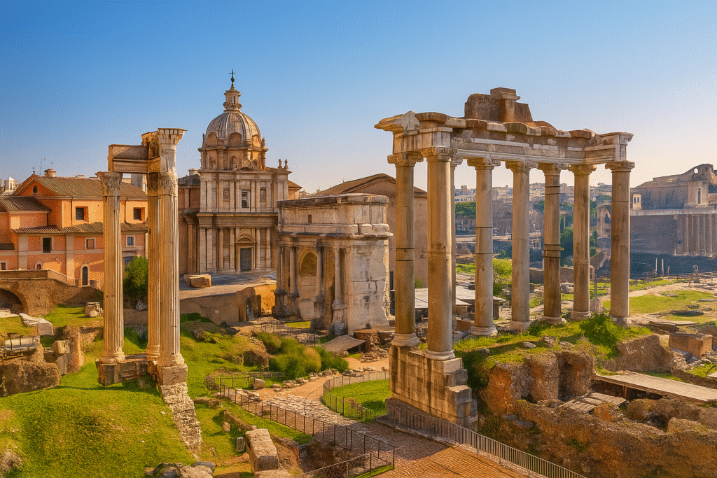 Sicile patrimoine UNESCO. Vue du Forum romain à Rome, patrimoine UNESCO, avec les colonnes antiques et la basilique Santi Luca e Martina baignées par la lumière dorée du matin.