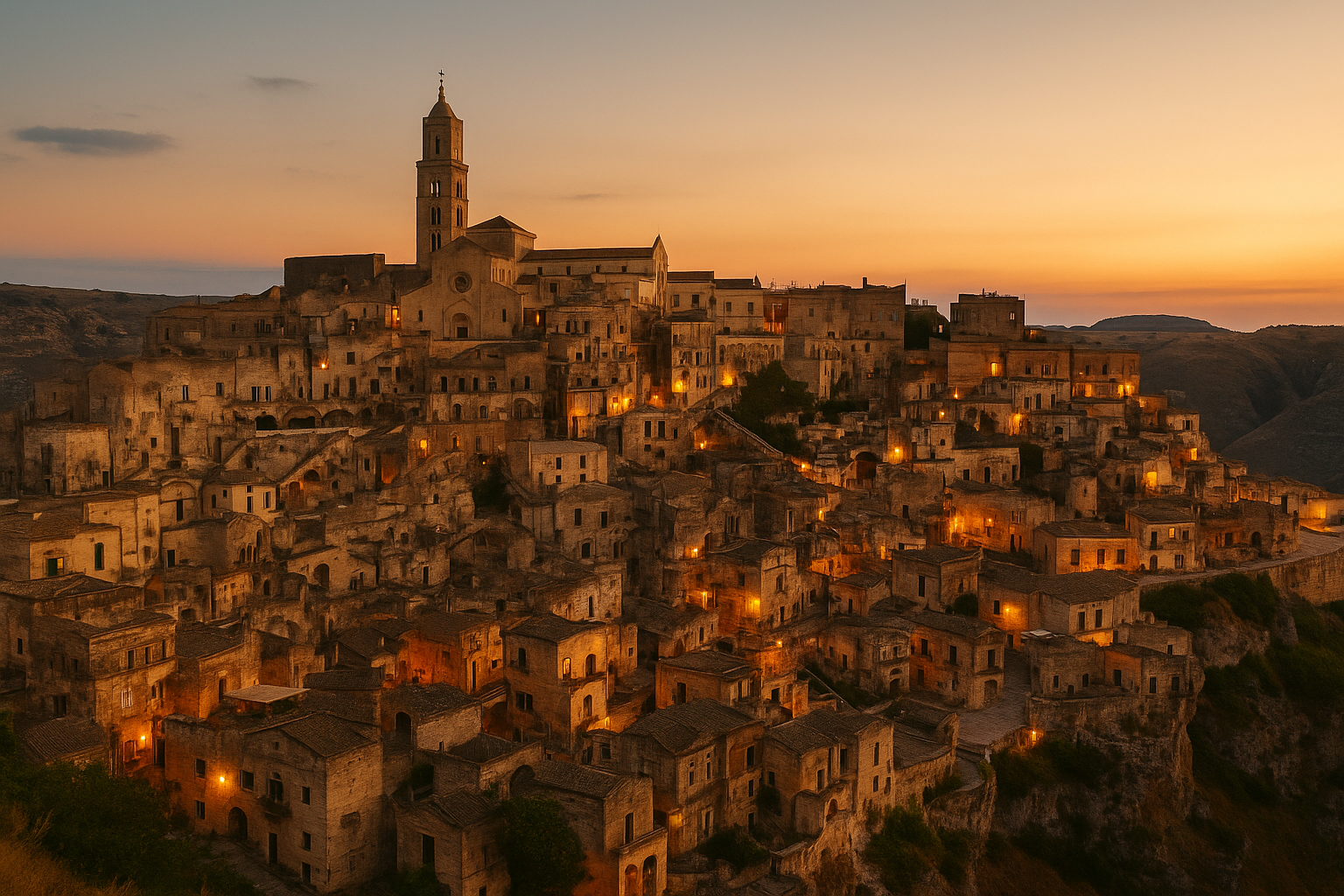 Vue panoramique de Matera en Basilicate au coucher du soleil, avec ses habitations troglodytiques éclairées et les collines environnantes.