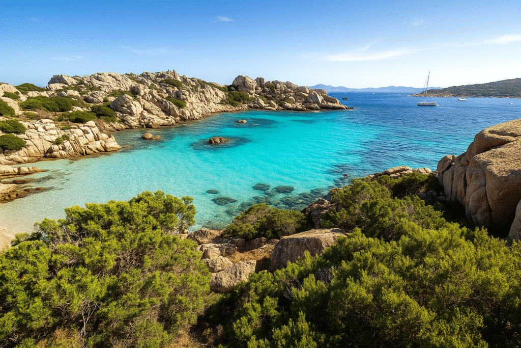 Vue aérienne de la région de l’Ogliastra en Sardaigne, collines verdoyantes, villages perchés et lumière dorée symbolisant la Zone Bleue de longévité.